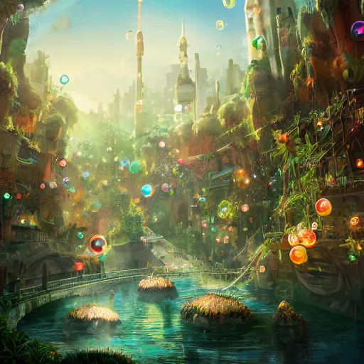 Prompt: a utopian city, filled with fauna, with bubbles floating around everywhere, dynamic lighting, fantasy concept art, trending on art station, stunning visuals, creative, cinematic, ultra detailed