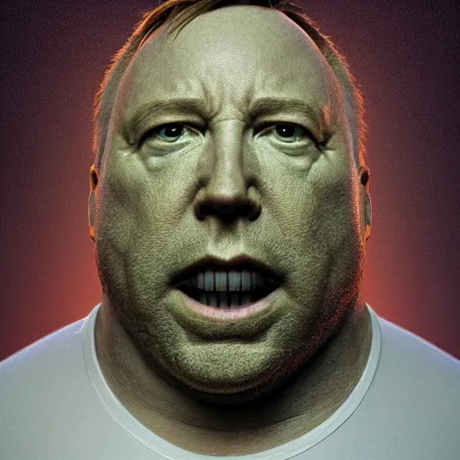 Image similar to hyperrealistic mixed media image of info wars alex jones ( ( bullfrog head ) ), stunning 3 d render inspired art by xiang duan and thomas eakes and greg rutkowski, perfect facial symmetry, hyper realistic texture, highly detailed realistic attributes and atmosphere, dim volumetric cinematic lighting, 8 k octane render, post - processing, masterpiece,