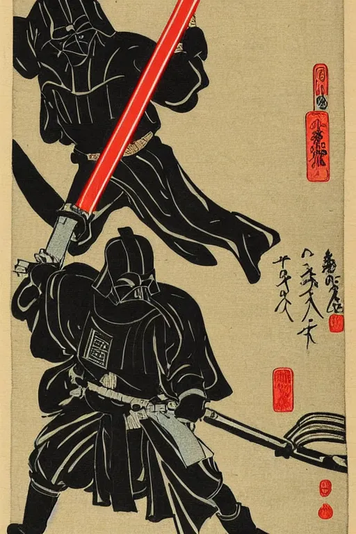 Image similar to Japanese woodblock print of Darth Vader holding a samurai sword , Hokusai