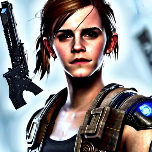 Image similar to emma watson in gears of war, destiny 2, witcher 3, god of war, warframe, cyberpunk 2 0 7 7, overwatch, fortnite, highly detailed, extremely high quality, hd, 4 k, professional photographer, 4 0 mp, lifelike, top - rated, award winning, realistic, detailed lighting, detailed shadows, sharp, edited, corrected, trending