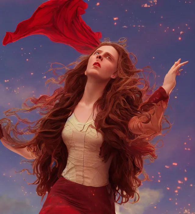 Image similar to scarlet witch soaring in the sky, nostalgia, very detailed texture, realistic shaded lighting, studio quality, digital art, background style by alphonse mucha, unreal engine 5 rendered, octane rendered, pinnacle studio, naturel, trending on artstation, art style by nixeu and ian sprigger