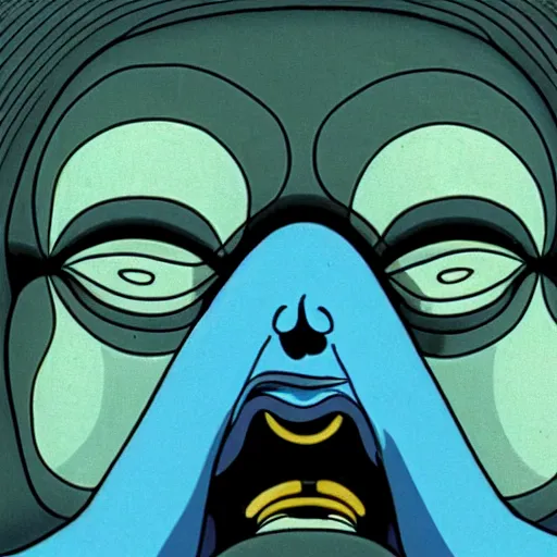 Image similar to a screenshot from fantastic planet where a character is showing emotions on its face