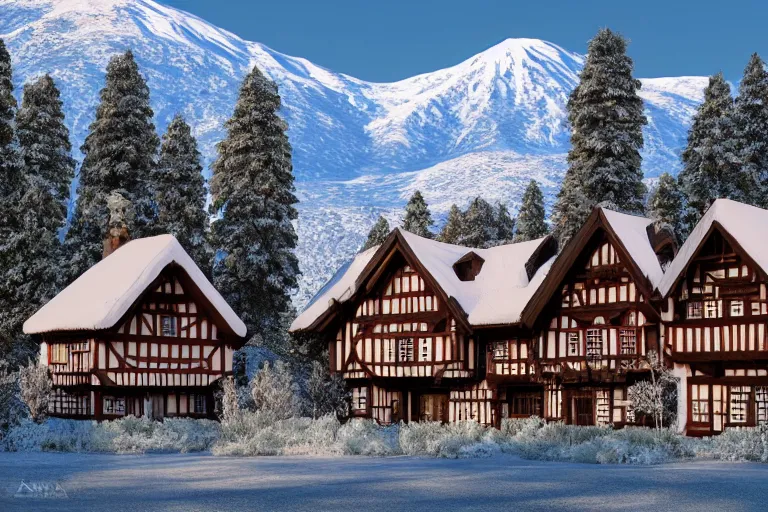 Prompt: futuristic half-timbered houses with in the forest with Elbrus mountain covered by snow on the background, architecture, 3d render 8k , high details