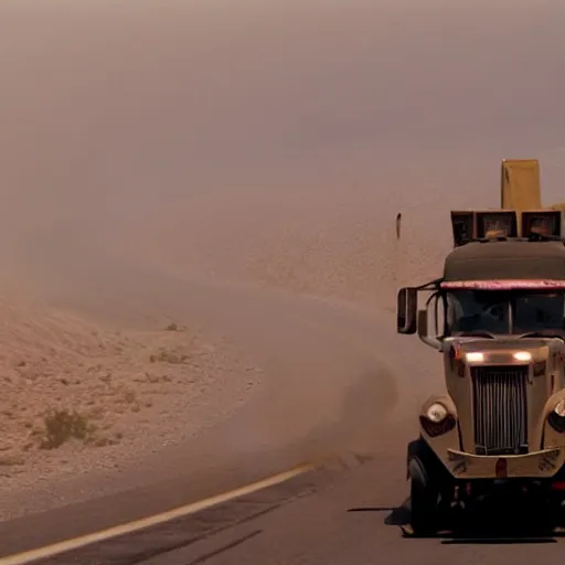 Prompt: t 6 6 0 tractor trailer truck in mad max : fury road, midday light, dust storm,