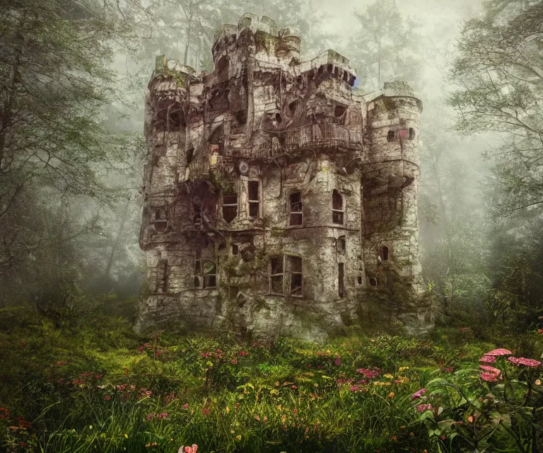 Image similar to old rundown castle in the middle of a haunted forest, foggy, high fantasy, colorful flowers, aged vegetation, photorealism