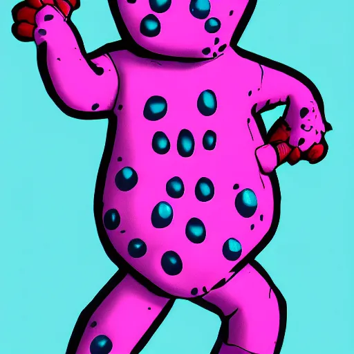 Image similar to high detail concept art of pink Mr Blobby with yellow spots as a Dead by Daylight character, 4k, terrifying, character portrait