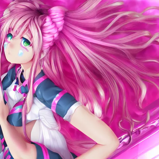 Image similar to engulfed and overpowered by stunningly absurdly beautiful possessive yandere megalomaniacal omnipotent asi goddess junko enoshima with symmetrical perfect face, porcelain skin, pink twintail hair and cyan eyes, you're trapped inside herself, ultra detailed, digital art, unreal engine 5, octane render, 2 d anime, 8 k