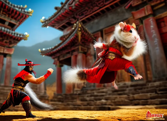 Image similar to hamster dressed as shao khan fights a cat dressed as kung lao in mortal kombat on the background of an ancient temple. fantasy magic style. highly detailed 8 k. intricate. lifelike. soft light. sony a 7 r iv 5 5 mm. cinematic post - processing