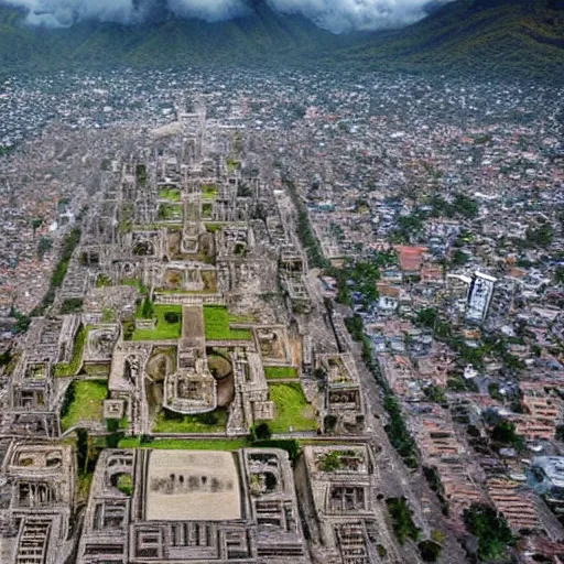 Prompt: remarkable airplane view of a cyberpunk mayan city in guatemala and it is graced by a huge sacred futuristic cyberpunk temple