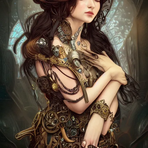 Prompt: a photograpic portrait of a pretty woman, steampunk, fantasy, intricate, elegant, highly detailed, digital painting, artstation, concept art, smooth, sharp focus, illustration, art by artgerm and H R Giger and alphonse mucha