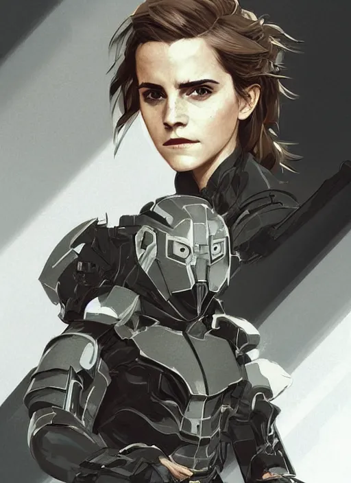 Image similar to emma watson wearing metal gear armour art by Hokusai by greg rutkowski by wlop high detail comic sharp vector lineart dramtic lighting artstation by trevor henderson by ross draws cinematic dramatic