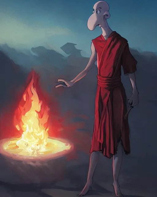 Image similar to squidward with [ [ [ [ [ [ four legs ] ] ] ] ] ] wearing fire nation clothing and practicing firebending outside at susnset, [ greg rutkowski ]