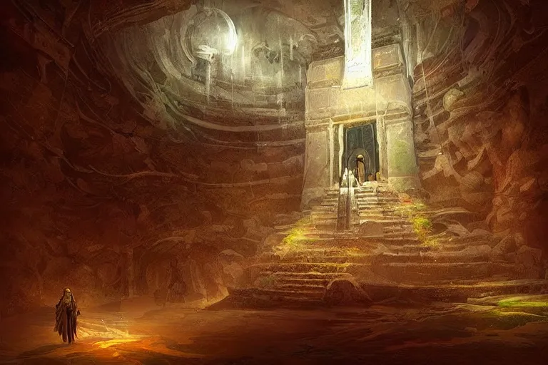 Image similar to “Ancient underground temple in dim lighting, concept art, digital painting by Shaddy Safadi”