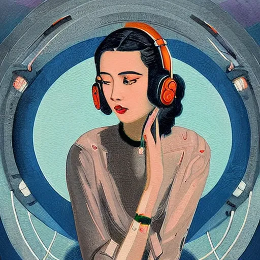 Image similar to intricate, amazing, art deco, retro vintage and romanticism, painting by natelle quek, soft color palette, highly detailed, godess with headphones from space sci - fi of ancient religion