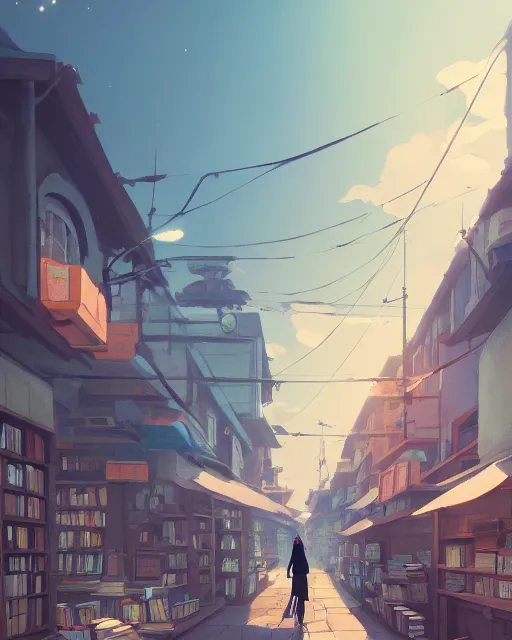 Prompt: book shop, detailed, cory loftis, james gilleard, atey ghailan, makoto shinkai, goro fujita, studio ghibli, rim light, exquisite lighting, clear focus, very coherent, plain background, soft painting