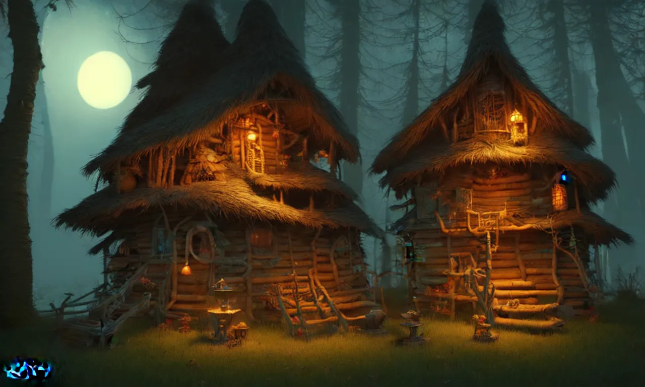 Image similar to Baba Yaga's hut, night, very detailed. by Moebius, James Paick, artstation, 4k, unreal engine 5