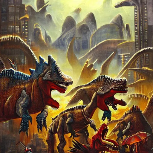 Prompt: dinosaurs attacking a city, futuristic, oil canvas, High quality