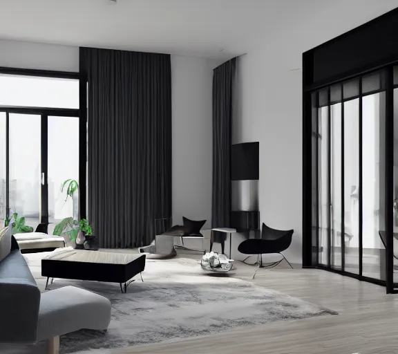 Prompt: brutalist black mansion luxury living room open space tall windows interior design minimalist organic, organic architecture furniture open space high quality octane render blender 8 k