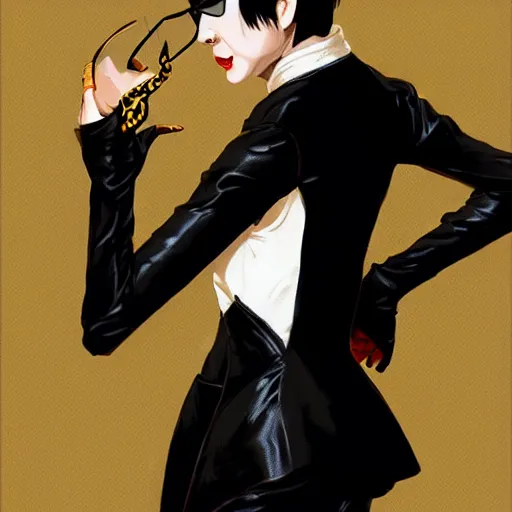 Image similar to Goro Majima as slim girl, gold suit jacket in snake print, black leather gloves, short black hair, black eye patch, elegant, 2d, ultra highly detailed, digital painting, smooth, sharp focus, artstation, art by Ilya Kuvshinov