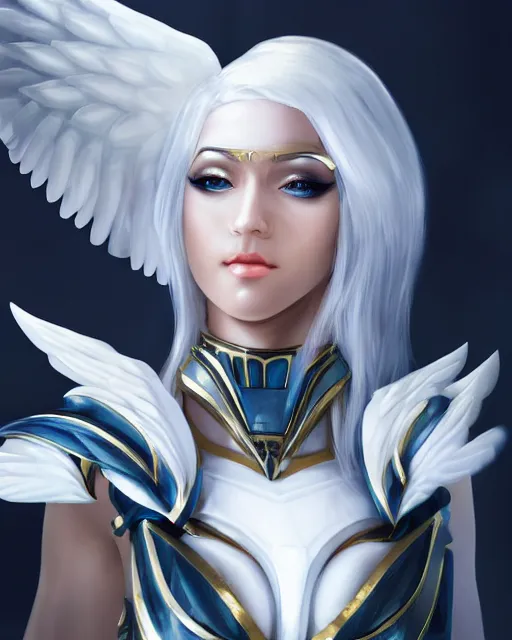 Image similar to perfect white haired attractive egyptian goddess with huge white dove wings, warframe armor, beautiful, symmetric, dreamy, half asian, pretty face, blue eyes, detailed, scifi platform, laboratory, experiment, 4 k, ultra realistic, epic lighting, android body, illuminated, cinematic, masterpiece, art by akihito tsukushi, voidstar