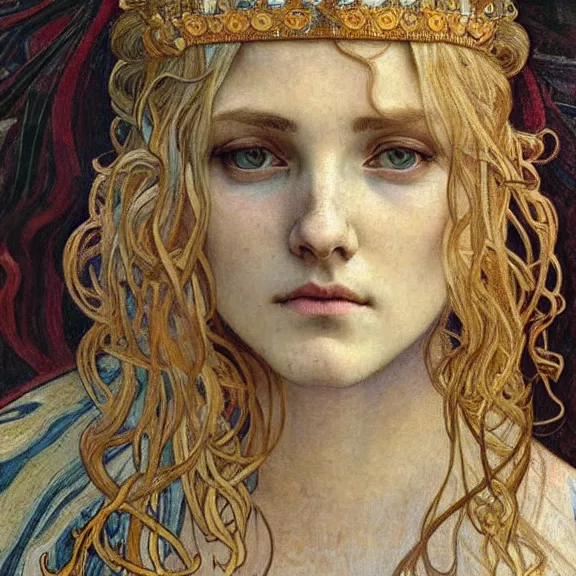 Image similar to detailed realistic beautiful young medieval queen face portrait by jean delville, alphonse mucha, vincent van gogh, and marco mazzoni, art nouveau, symbolist, visionary, gothic, pre - raphaelite