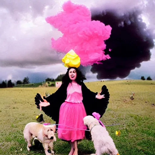 Prompt: dark angel throwing a yellow - pink - black birthday cake from the clouds onto a woman with two dogs, kodak film