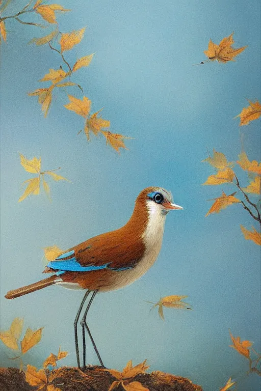 Image similar to meticulous painting, A small, delicate bird with pale blue plumage and long, skinny legs. It is hopping on the ground, searching for food. The background is a beautiful blue sky on a autumn day. by xue ji, bian luan, Ferdinand Knab, bob ross