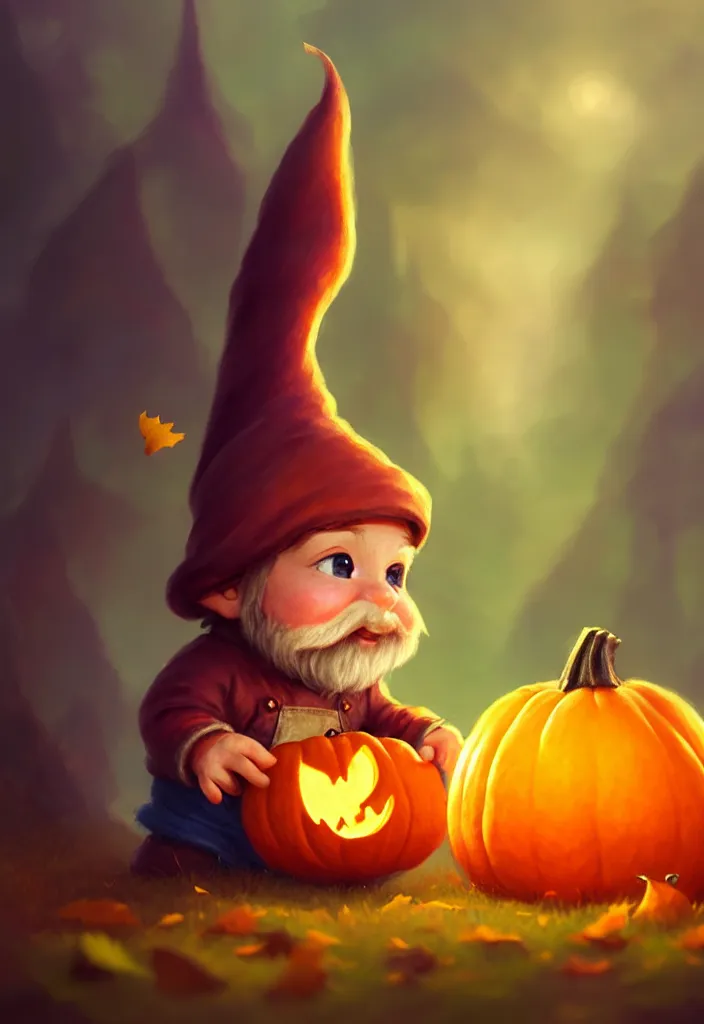 Prompt: hand drawn cute one gnomes face upscale in autumn disguise holding pumpkin, detailed closeup face, concept art, low angle, high detail, warm lighting, volumetric, godrays, vivid, beautiful, trending on artstation, by jordan grimmer, huge scene, grass, art greg rutkowski