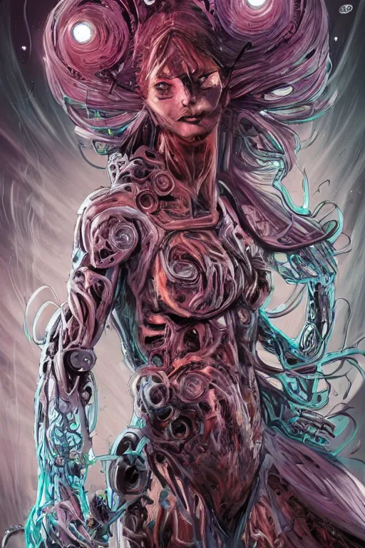 Prompt: comic art,Sprial, a beautiful female six-armed Mutant and Cyborg Sorcerer with white hair long legs dancing in the air,full character design,8k,art by Stanley Artgermm,Travis Charest,Carne Griffiths,trending on Artstation,face enhance,hyper detailed,full of colour,cinematic,dynamic lighting