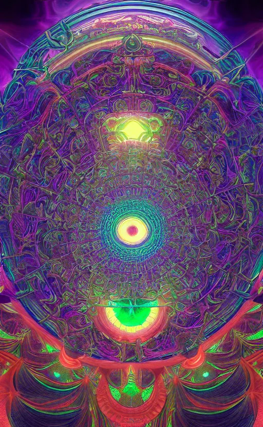 Image similar to visionary eye sacred geometry of a mandelbulb eco - system in a nebula of neon psychedelic colors with precise details, perfect symmetry, dmt 5 th dimension, vivid colors, neon colors, by alphonse mucha and gustave dore, unreal engine 8 k hdr psychedelic photorealism