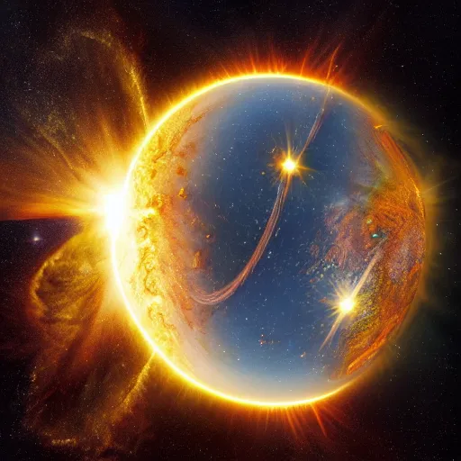 Prompt: the earth and the sun are fighting each other. space photography