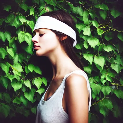 Image similar to “side profile of young woman blindfolded by vines”