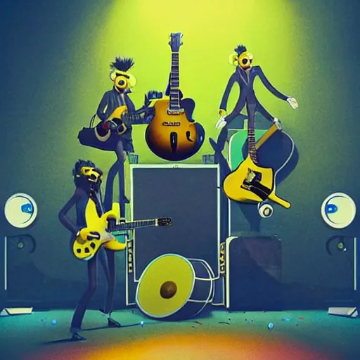 Image similar to the beatles performing with guitars, a giant yellow minion at background, sci fi, art by mike winkelmann, trending on cgsociety, retrofuturism, darksynth, sci - fi