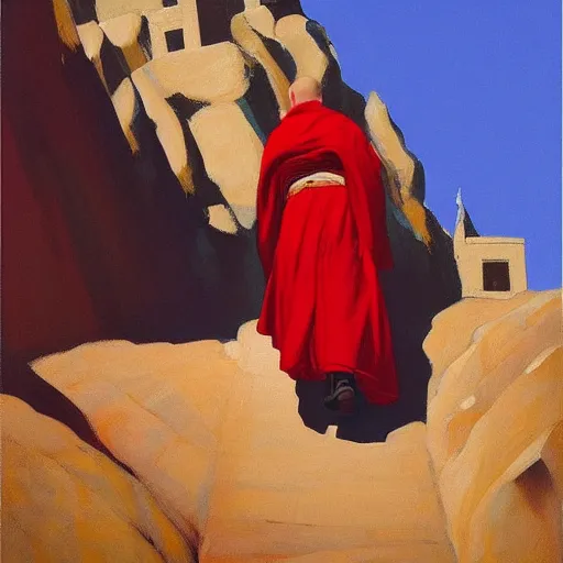 Image similar to sienna portrait of the astute monk crimson robe climbing the treacherous mountain stairway to the monastery jamie wyeth james gilleard edward hopper greg rutkowski acrylic painting