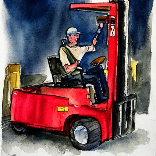 Image similar to a fork on a forklift in a lift, watercolor