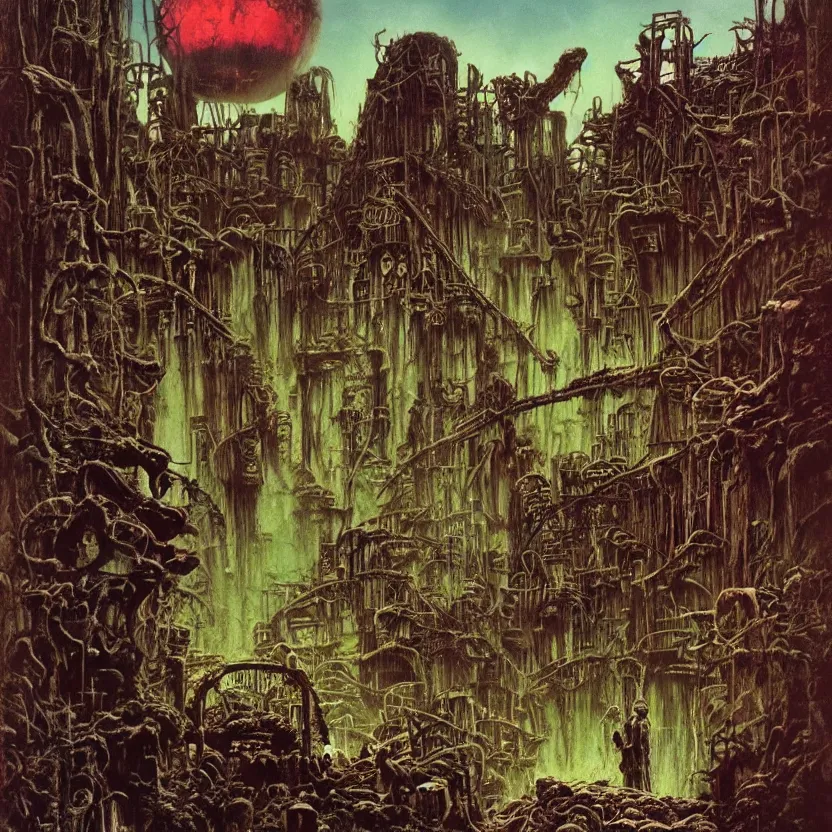 Image similar to an abandoned theme park, by richard corben, bruce pennington, and zdzisław beksinski. goosebumps cover art. pulp horror art.