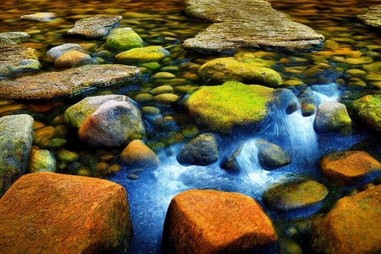 Prompt: water, stone, forest, fantasy, painting, ultra realistic!!!, clear weather, golden hour, sharp focus