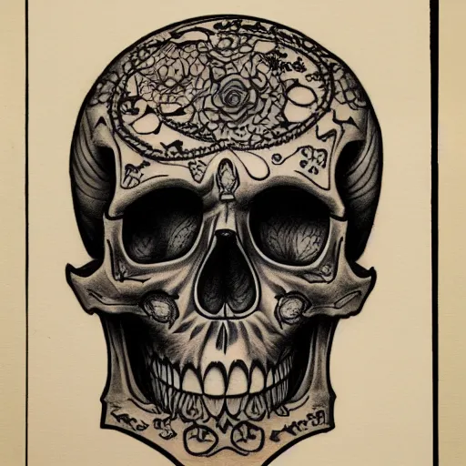 Image similar to highly detailed skull, Japanese style, tattoo ink sketch, isolated on white background