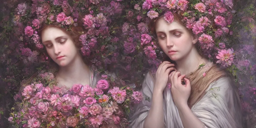 Prompt: breathtaking detailed weird concept art painting of the goddess of light pink flowers, orthodox saint, with anxious, piercing eyes, ornate background, amalgamation of leaves and flowers, by volegov, extremely moody lighting, 8K