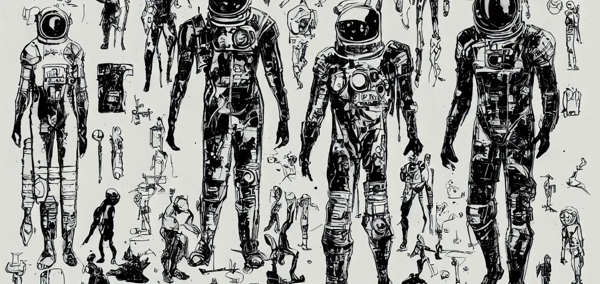 Image similar to male, full body, space suit with a modern helmet, character sheet, block shapes, science fiction, very stylized, character design, pen and ink, digital painting, watercolor wash, by mike mignola, by alex maleev, jean giraud