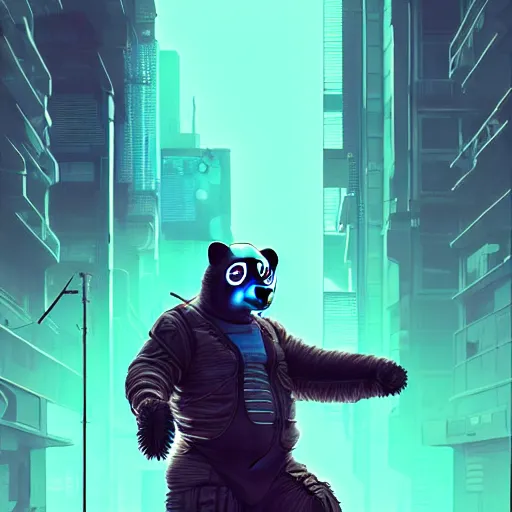 Image similar to cyberpunk synth, hyper - realistic portrait of a futuristic panda soldier, cyberpunk, intricate, lifelike, by atey ghailan, by greg rutkowski, by greg tocchini, by james gilleard, by joe fenton, by kaethe butcher, dynamic lighting, gradient light blue, brown, cinematic lighting color scheme, sharp focus, grunge aesthetic