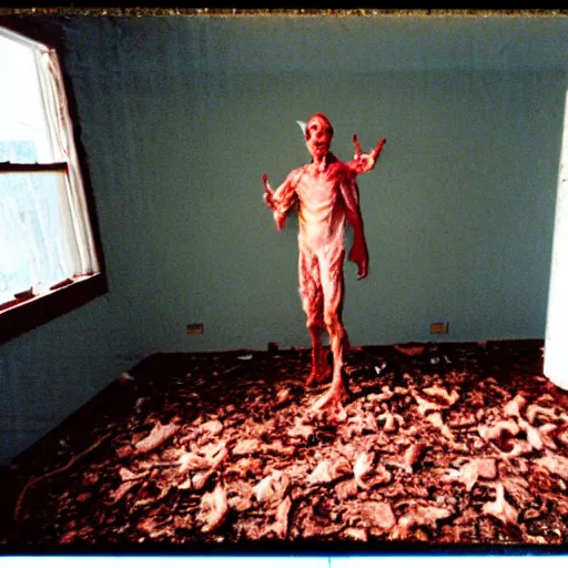 Prompt: 1 9 9 3, disposable camera, flash, old abandoned house, mutant flesh creature standing, meat, flesh, veins