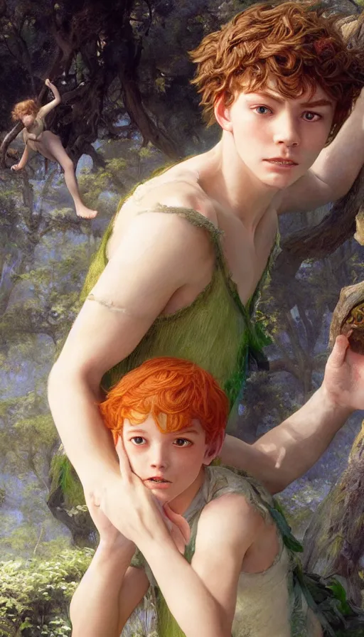 Prompt: epic masterpiece portrait peter pan and wendy, sweaty skin, hyperrealistic, octane render, cinematic, beautiful face and flawless skin, perfect hands, 5 fingers, by Edgar Maxence and Ross Tran and Michael Whelan, Legends of Runeterra