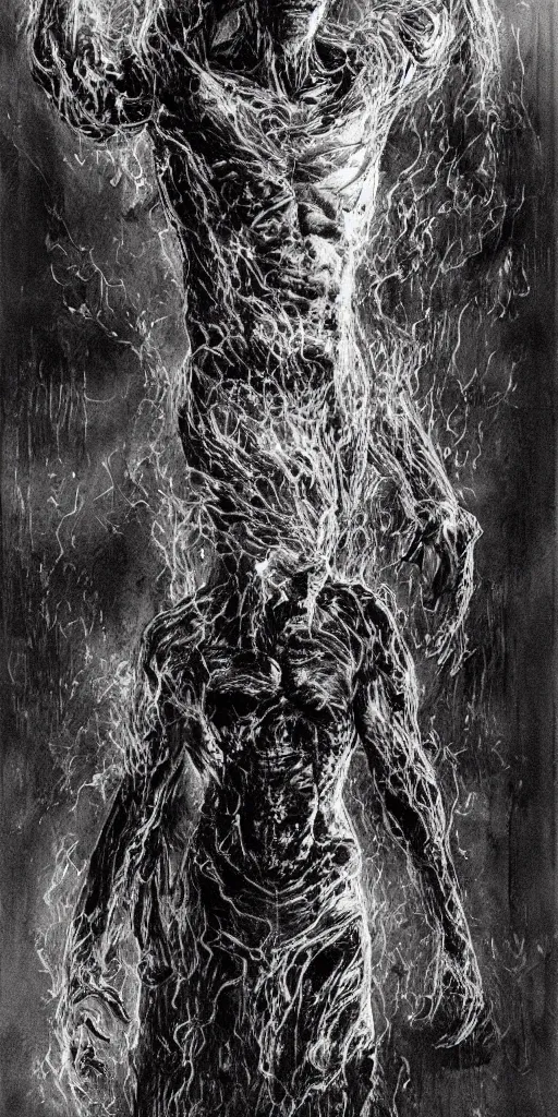 Image similar to concept art of a man with his body covered in burns, with evil black smoke coming out of his hands, full body, dark colors, sinister atmosphere, dramatic lighting, cinematic, establishing shot, extremely high detail, photo realistic, cinematic lighting, pen and ink, intricate line drawings, by Yoshitaka Amano, Ruan Jia, Kentaro Miura, Artgerm, post processed, concept art, artstation, matte painting, style by eddie mendoza, raphael lacoste, alex ross,