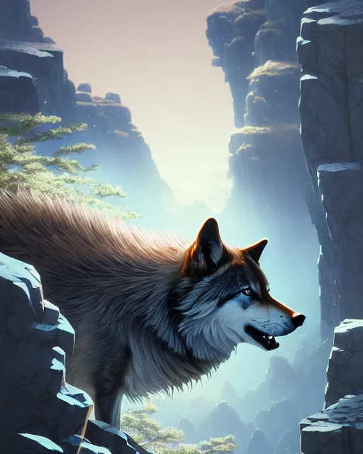 Image similar to highly detailed surreal vfx portrait of a metallic chromatic samurai wolf on a mountain, stephen bliss, unreal engine, greg rutkowski, loish, rhads, beeple, makoto shinkai and lois van baarle, ilya kuvshinov, rossdraws, tom bagshaw, alphonse mucha, global illumination, detailed and intricate environment