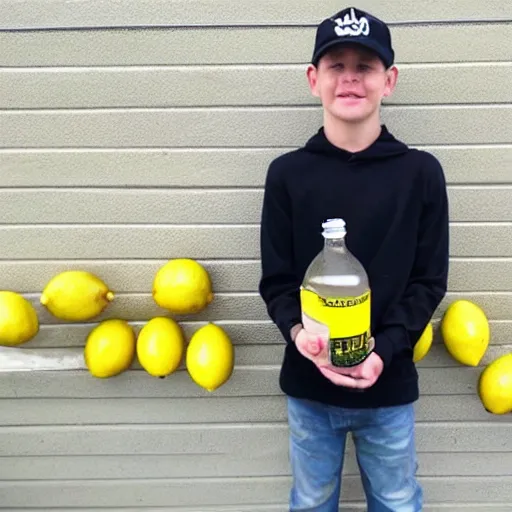 Prompt: White boy and his Bottles Of Lemons are in a new life together