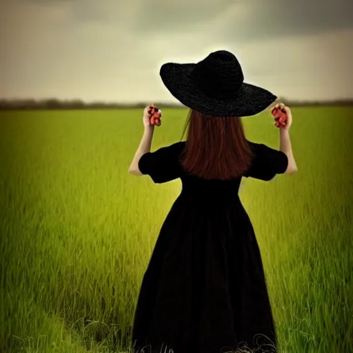 Image similar to a girl standing in a field, alone, wearing black dress and hat, doll in hand, detailed hands, by andrea kowch, dark, scene, magic realism, flowers, perspective