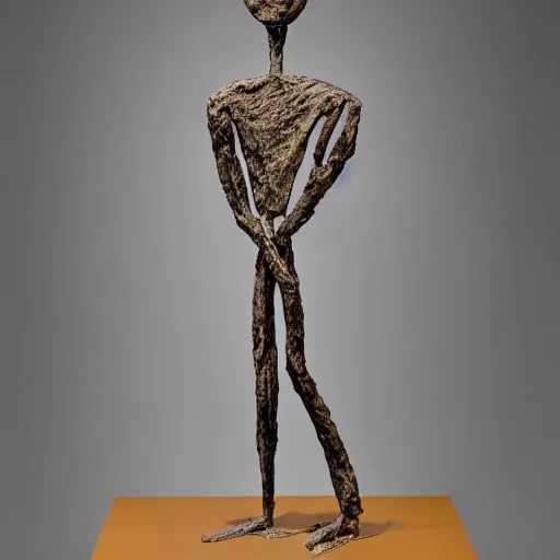 Prompt: Walking Man II by Alberto Giacometti wearing a cloth basketball jersey. Bronze Sculpture displayed in fine art museum.