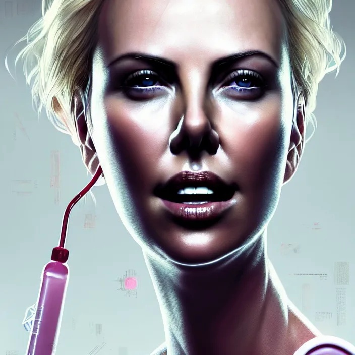 Image similar to portrait of charlize theron as a nurse. intricate abstract. intricate artwork. by tooth wu, wlop, beeple, dan mumford. octane render, trending on artstation, greg rutkowski very coherent symmetrical artwork. cinematic, hyper realism, high detail, octane render, 8 k, iridescent accents