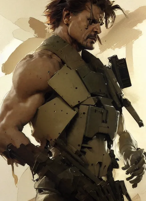 Prompt: beautiful neutral earth toned palette knife painting artwork of solid snake by yoji shinkawa jeremy mann, full body character portrait warhammer 4 0 k, dancer, charlie bowater and magali villeneuve and alphonse mucha, gaston bussiere, craig mullins, j. c. leyendecker, by artgerm